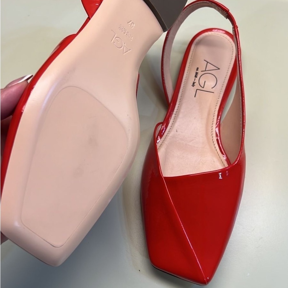 AGL Red Patent Slingback Flats | Italian Designer Square Toe Shoes NWT - Picture 7 of 7